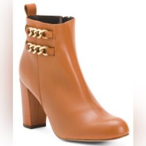 ROUGE Brown Leather Side Zip Ankle Boot With Gold Buckles Size Euro 38/7.5